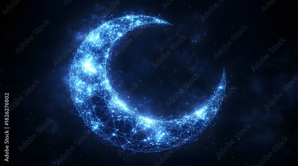 Fototapeta premium Beautiful blue crescent moon illuminated by stars in a night sky filled with cosmic energy and mystery
