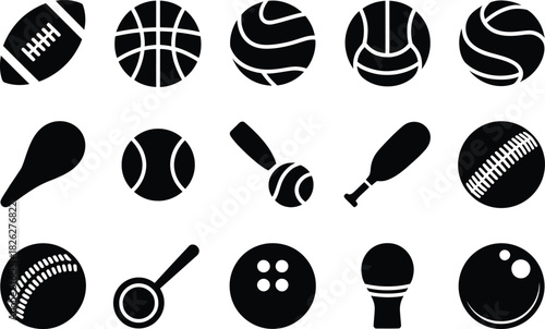 Silhouette Sports Balls Icons Set. Basketball, Football, Baseball, Tennis, Sport Balls Vector Illustration
