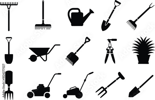 Silhouette Gardening and Lawn Tools Icons Set. Shovel, Watering Can, Wheelbarrow, Rake Vector Illustration