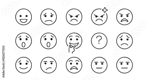 Collection of emoticons depicting different emotions expressions and feelings on white background
