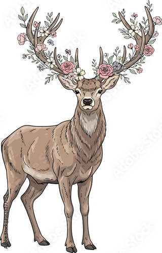 Stylized Standing Stag with Intricate Antlers Decorated with Pink Roses and Foliage.