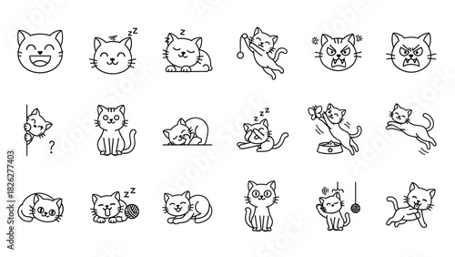 Charming collection of line art cat icons showcasing various feline emotions, playful actions, and cute poses, perfect for digital design and pet-themed projects