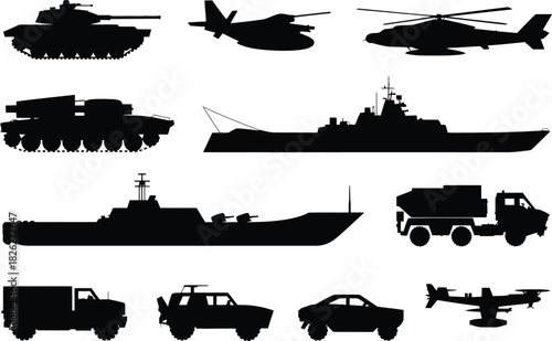 Silhouette Military and Combat Vehicles Icons Set. Tank, Helicopter, Aircraft, Truck Vector Illustration