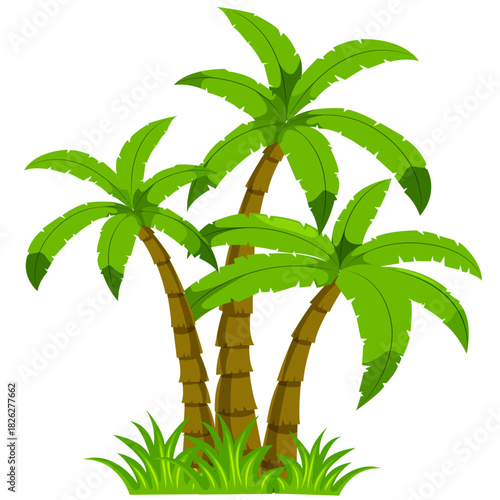 Tropical Island Dream: A vibrant illustration showcases three lush coconut trees reaching towards the sky, set amidst patches of green grass.