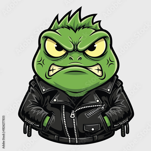 Tough green cartoon frog monster with an angry expression wearing a black leather biker jacket.
