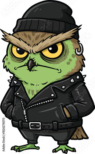 Tough Green Cartoon Owl Character in a Black Beanie and Studded Leather Biker Jacket.