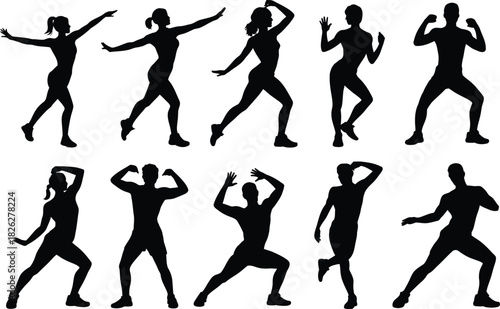 Silhouette Dancing and Fitness Poses Icons Set. Exercise, Gym, Dance, Movement Vector Illustration