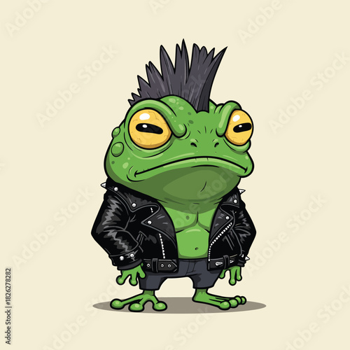 Tough green punk rock frog character with a spiky mohawk and a studded leather jacket.