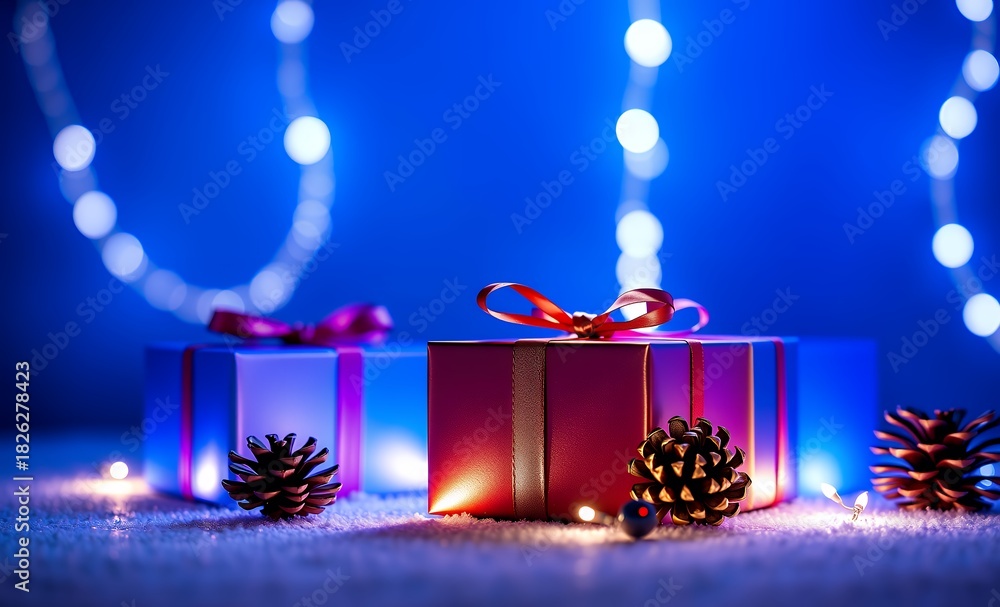 Naklejka premium Blue christmas background with gift and cones christmas background christmas holiday background winter decoration celebration