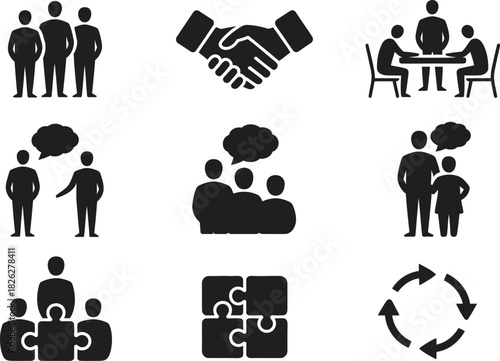 Silhouette Teamwork and Collaboration Icons Set. Handshake, Team, Puzzle, Partnership Vector Illustration