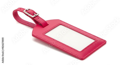 Bright pink leather luggage tag with clear window and buckle