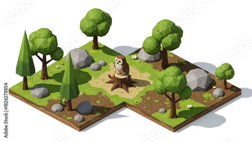 Low poly illustration of an owl perched on a tree stump surrounded by trees, rocks, and grass in a small forest scene.