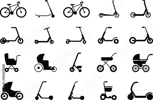 Silhouette Bicycles and Scooters Icons Set. Bike, E-scooter, Stroller, Cycle Vector Illustration