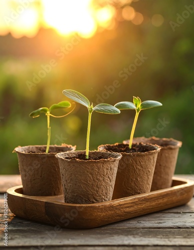 Four small seedlings growing in biodegradable pots, sunlight