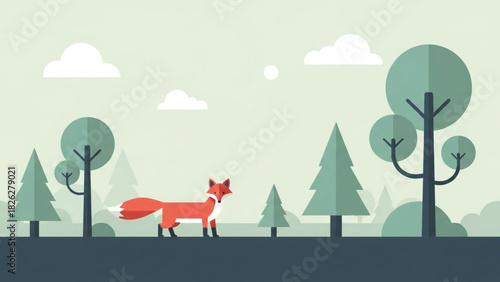 A stylized illustration of a red fox walking through a minimalist forest scene, featuring trees and clouds.