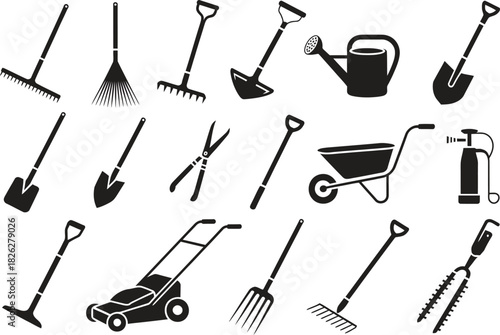 Silhouette Gardening Tools Icons Set. Shovel, Rake, Watering Can, Lawn Mower Vector Illustration