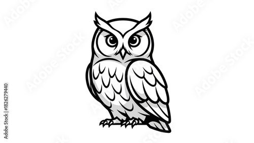 A monochrome illustration of a detailed owl, perched upright, looking forward.