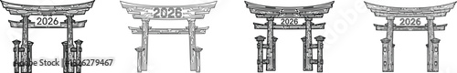 Japanese Torii Gate Set with Year 2026 Inscription