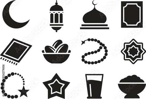 Silhouette Islamic and Cultural Icons Set. Ramadan, Mosque, Prayer, Religious Symbols Vector Illustration