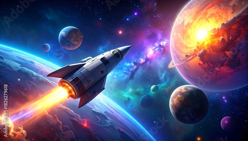 Wallpaper Mural A silver rocket blasts through a cosmos filled with planets, stars, and nebulas Torontodigital.ca