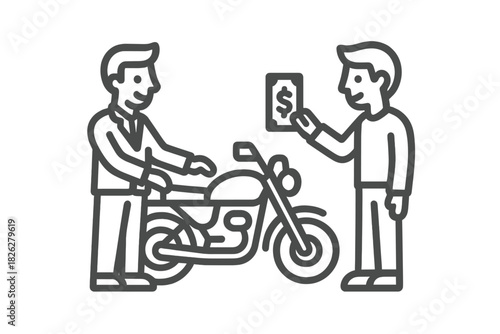 Two people completing a business transaction for the sale of a motorcycle using cash payment