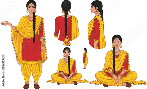 Traditional Indian woman character set wearing colorful Punjabi salwar kameez, detailed cultural vector illustration showing multiple poses, outfits, gestures, and expressive design elements