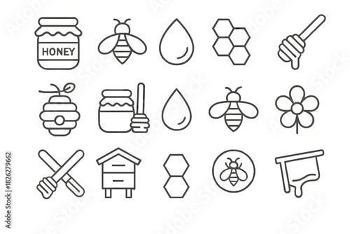 Outline icons featuring bees, honey jars, dippers, drops, and beehives
