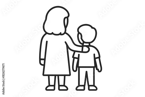 Adult woman placing a comforting hand on the shoulder of a young boy representing family support