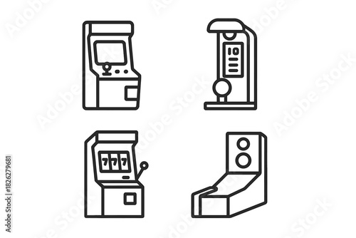 Set of outline icons depicting retro arcade game machines, slot machine, and pinball game