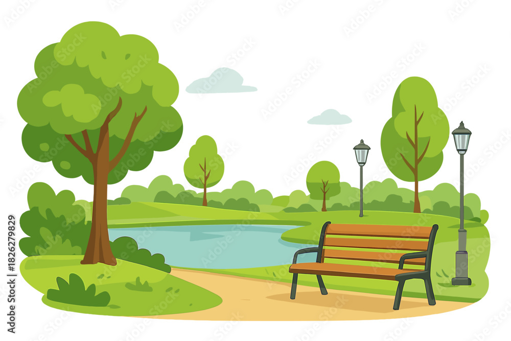 Naklejka premium Empty wooden bench situated on a path overlooking a small pond in a public park