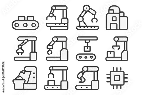 Industrial automation and robotics symbols showing assembly line, conveyor belt, and robotic arms