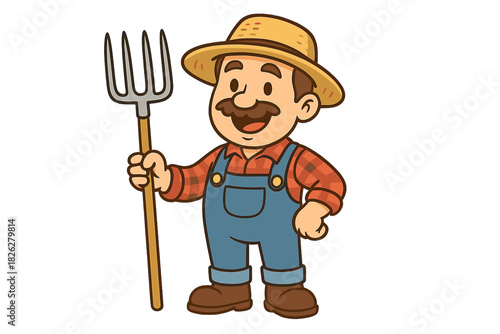 Cheerful male farmer wearing overalls and straw hat holding a large pitchfork
