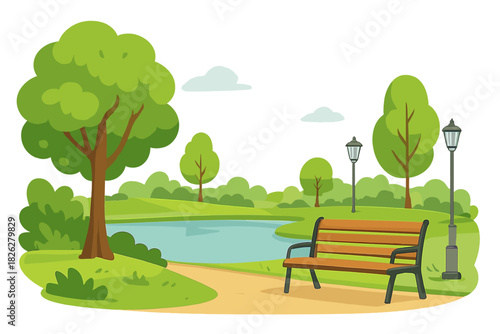 Empty wooden bench situated on a path overlooking a small pond in a public park