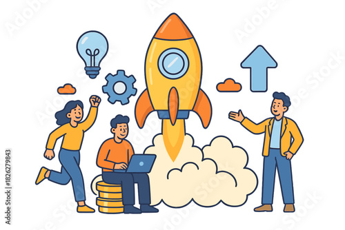 Business team launching startup project symbolized by rocket taking off and lightbulb idea