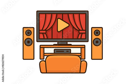 Modern home theater system setup with television screen displaying a movie stage and powerful audio speakers