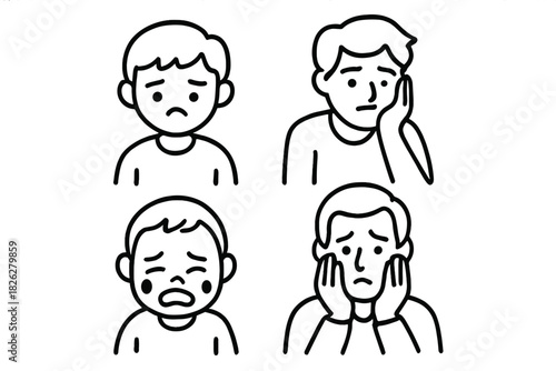 Four simple line art icons showing men experiencing sadness and emotional distress