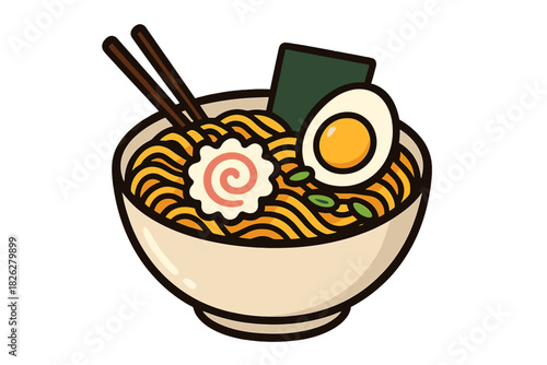 Traditional Japanese ramen noodles bowl with egg, narutomaki, and chopsticks