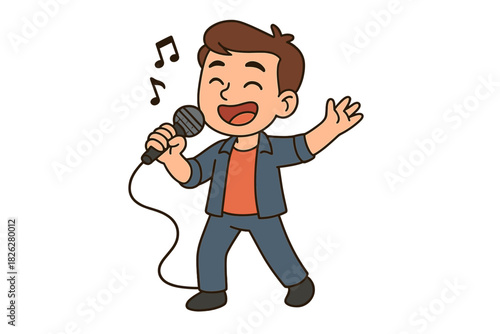 Happy young boy singing karaoke holding microphone musical notes floating