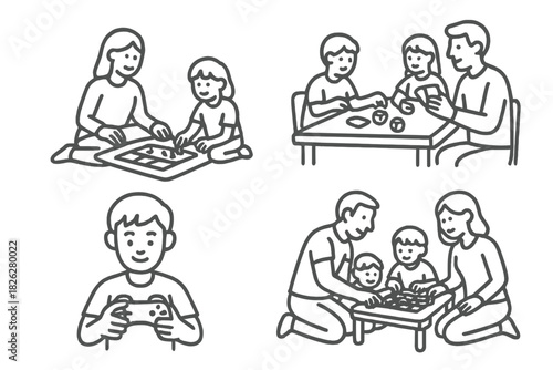 Diverse groups of people playing tabletop games and console video games together