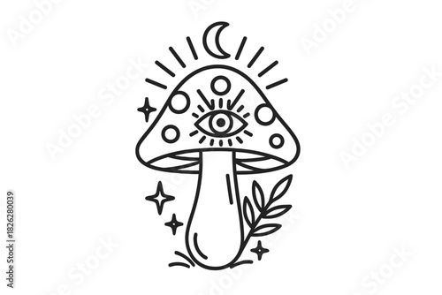 Black and white esoteric mushroom with third eye symbol and celestial crescent moon