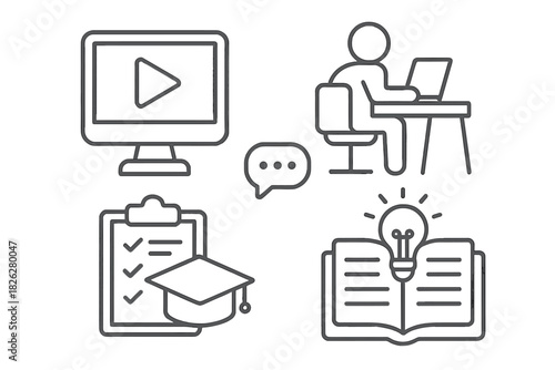 Online education and e-learning concept featuring video tutorials, remote study, and knowledge acquisition