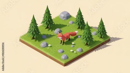 Isometric view of a fox standing in a grassy clearing surrounded by pine trees and rocks.