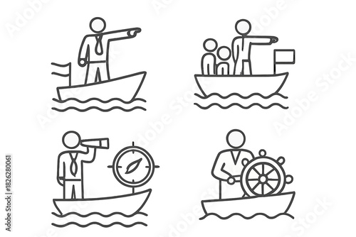 Business leadership and navigation concepts showing direction, teamwork, steering, and vision on a boat journey