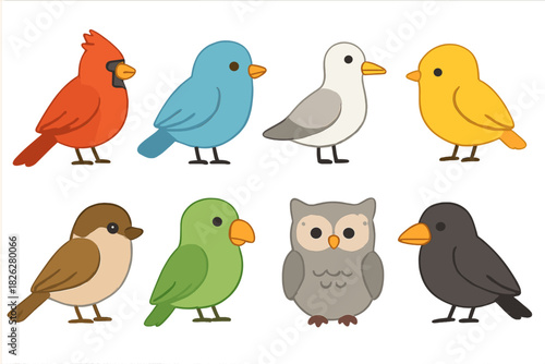 Cute cartoon birds set including cardinal, bluebird, owl, and sparrow