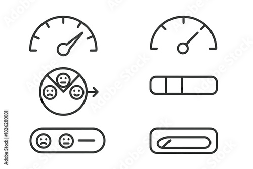 Linear icons for performance indicators, speedometers, and customer satisfaction feedback ratings