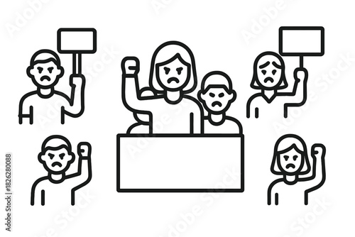 Angry crowd protesting with raised fists and blank signs demanding social justice and change