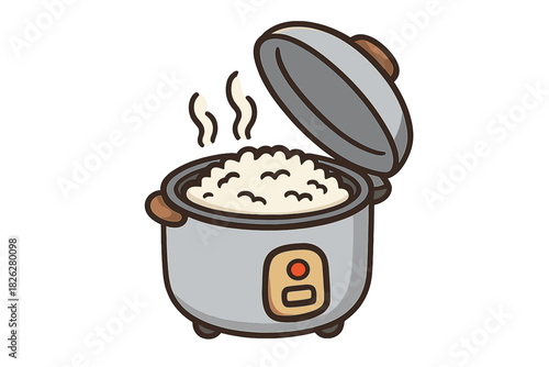 Freshly cooked white rice steaming inside an open modern electric rice cooker