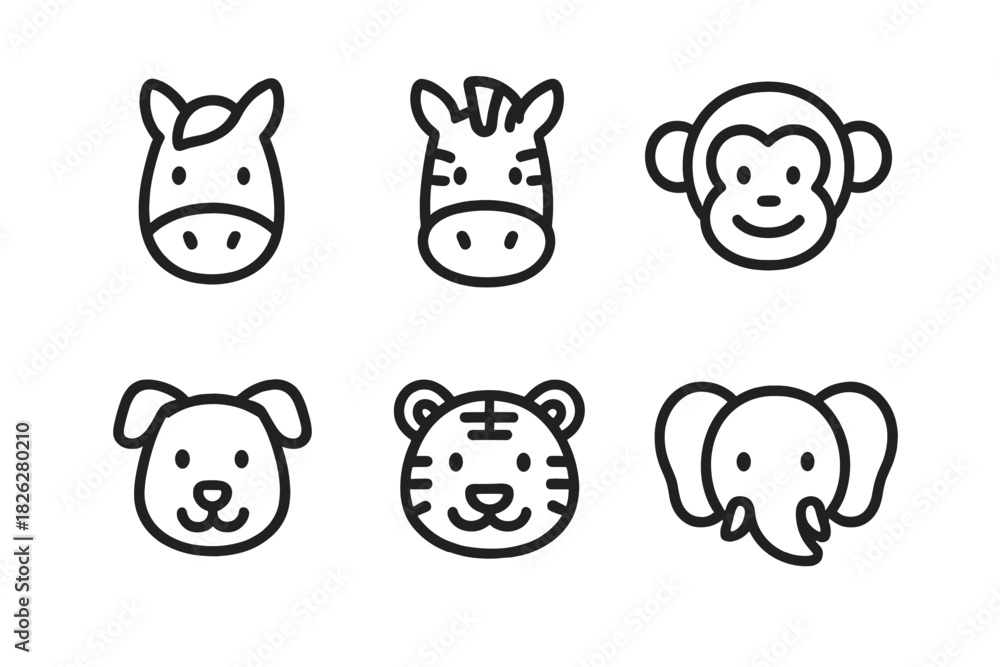 Obraz premium Minimalist outline icons set featuring heads of six popular zoo and domestic animals