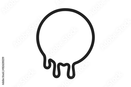 Minimalist black outline graphic depicting a melting circle shape or dripping liquid effect
