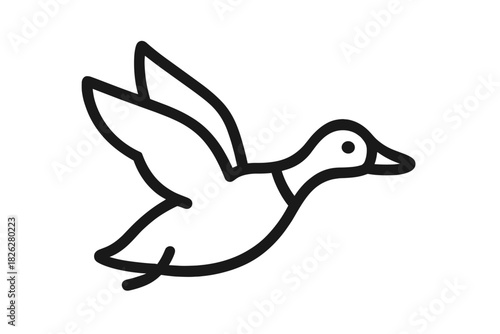 Black outline of a mallard duck flying in the air isolated on white background